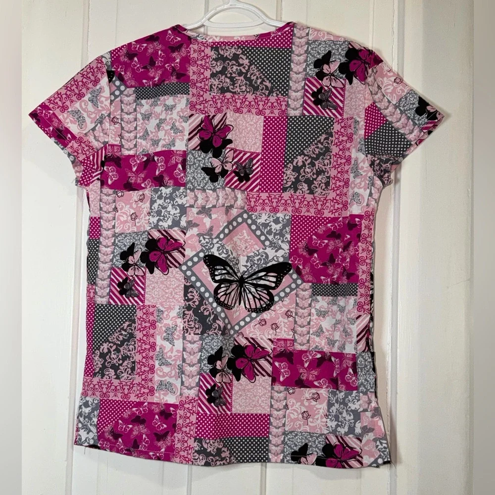 Women's size medium 24/7 comfort Pink and Black‎ Butterfly Patchwork scrub top
